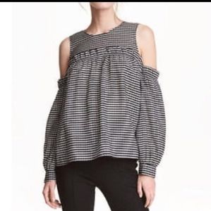 H&M Gingham Ruffle Cold Shoulder Long Puff Sleeve Boho Top Plus Size